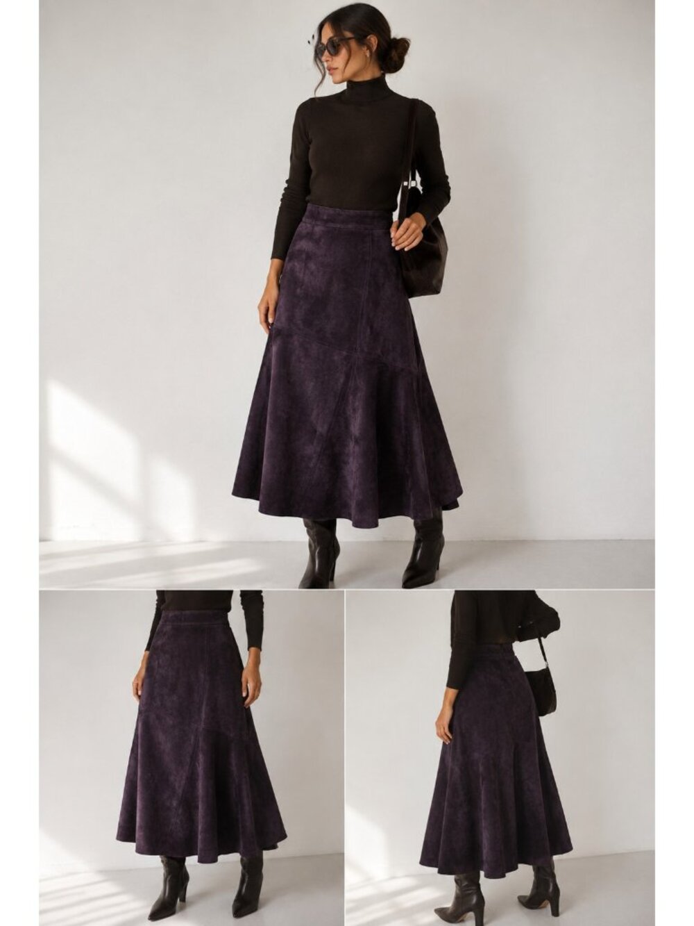 i.e. Women’s 100% Leather Suede Midi Skirt Size 16 Dark Purple A-Line
